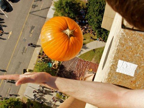 A bird’s-eye view of a pumpkin beginning its freefall in 2012.